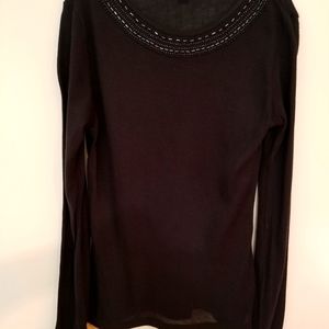DKNY CITY black long sleeve tee with beaded scoop neck silky sheer petite